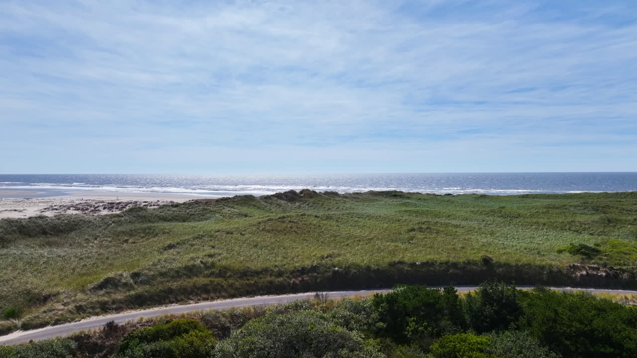 Panoramic drone shot of the Oregon Dunes National Recreation Area, sunny day
