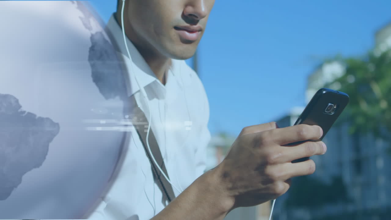 스마트 폰을 사용하여 데이터 처리 및 인간 위의 지구의 애니메이션