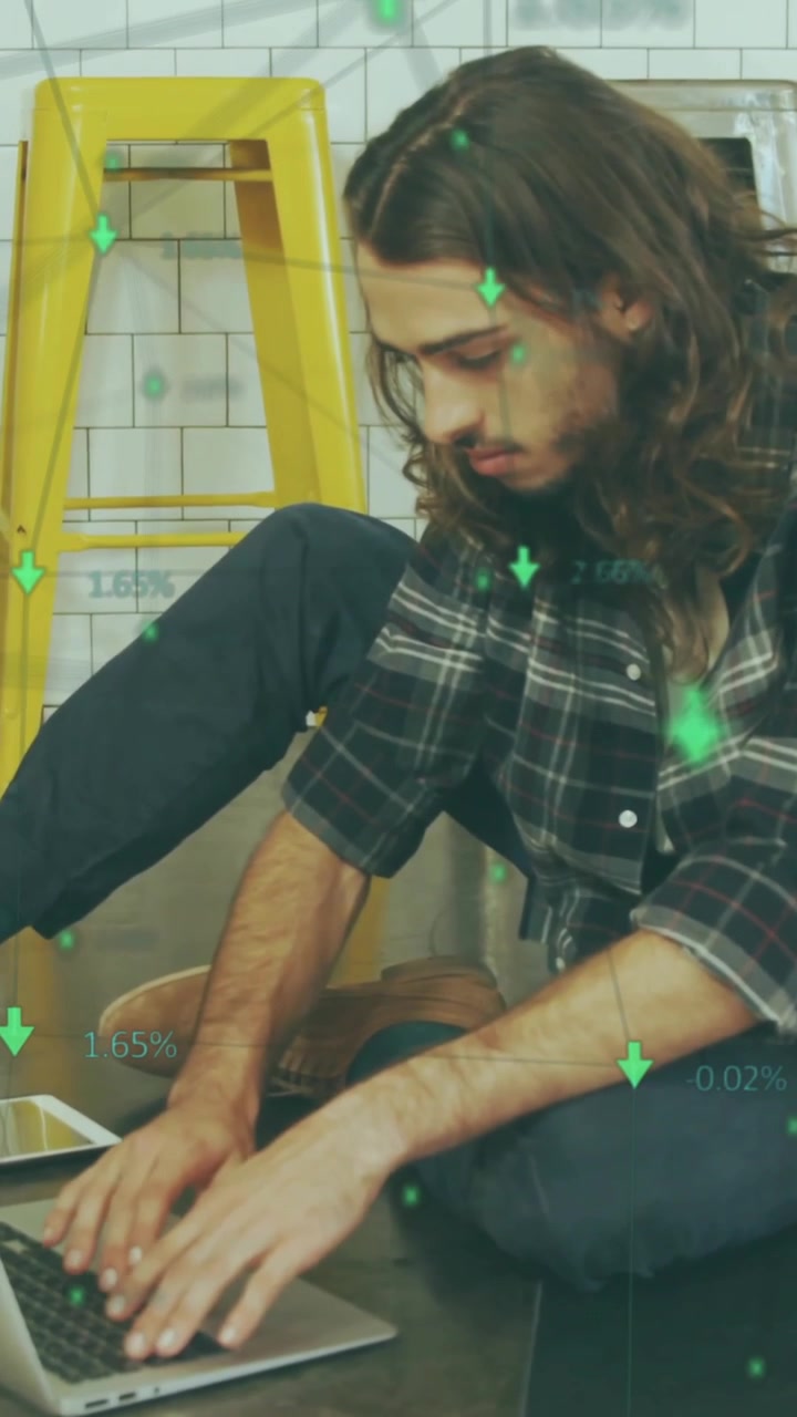 Animation of network of connections with icons over caucasian man using laptop in cafe