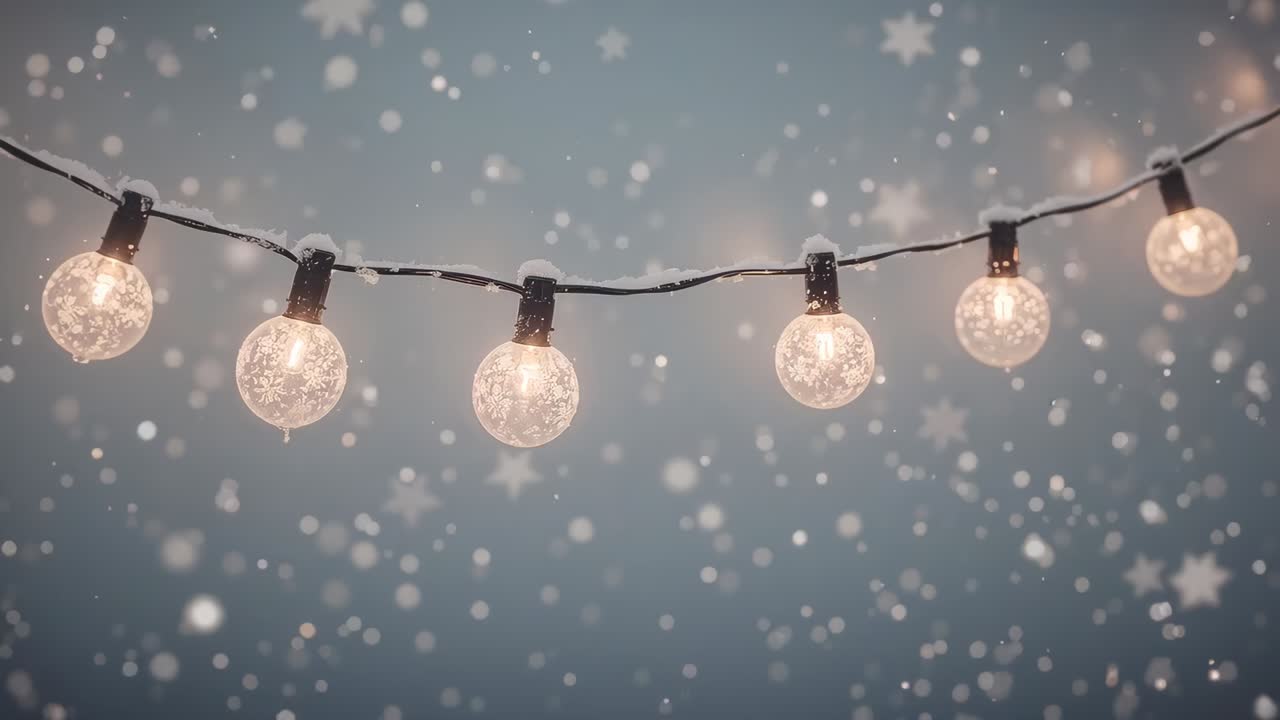 Glowing string of globe lights swaying from light snowfall rising in backyard, snow piling on clips