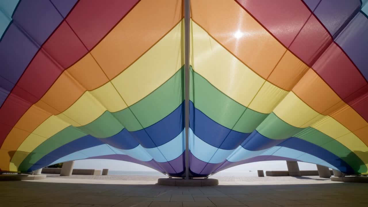 Telo arcobaleno ondeggiante che si gonfia sopra una piazza sul mare per la leggera brezza, mostrando l'albero centrale.