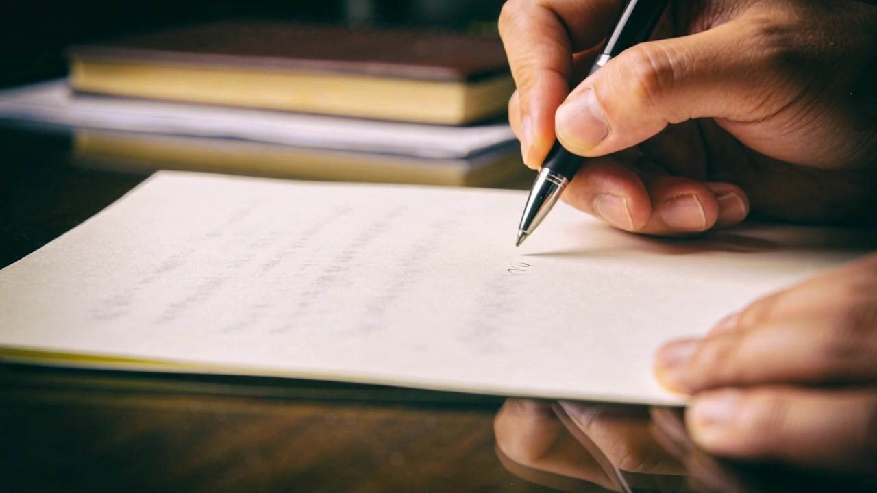 Writing with ballpoint poised above sheet, right hand tracing lines at desk, table reflecting
