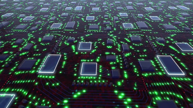 3D concept printed pcb circuit boards with green pulsation of glowing signals