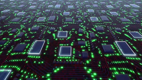 concepto de placas de circuitos de pcb impresos en 3d con pulsación verde de señales brillantes