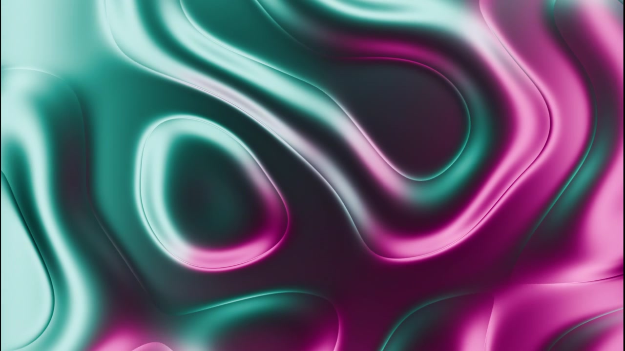 Vue oblique rapprochée d'une surface brillante semblable à du satin avec un dégradé du sarcelle au magenta, des crêtes fluides, des cavités ovales imbriquées, des coutures incurvées, un éclat réfléchissant, une profondeur douce et une lente transformation organique.