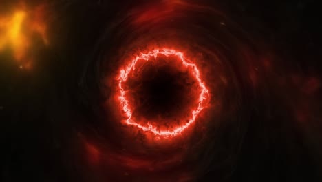 Abstract glow red orange energy black hole with gas cloud nebula in space. 4K 3D CGI seamless loop mysterious spiral blackhole or wormhole twisting animation with spinning red orange energy light.