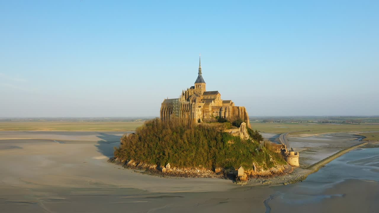 Mont Saint Michel at sunset in Europe, France, Normandy, Manche, spring on a sunny day.