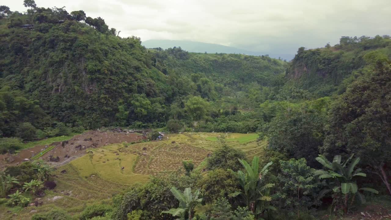 una toma panorámica de derecha a izquierda desde el camino a las montañas