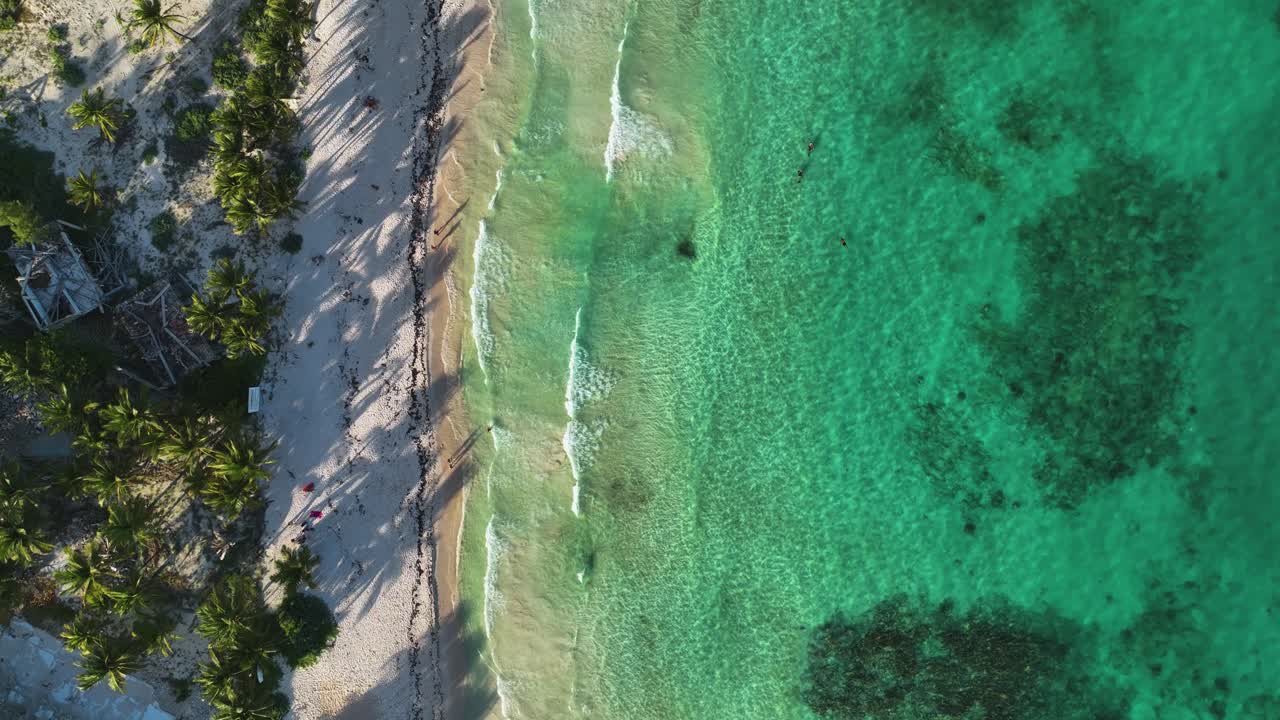 vista aérea sobre las olas golpeando una playa tropical en xpu ha, méxico - cenital, tiro de drones