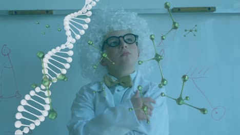 adn y estructura molecular girando en contra de un niño en traje de científico