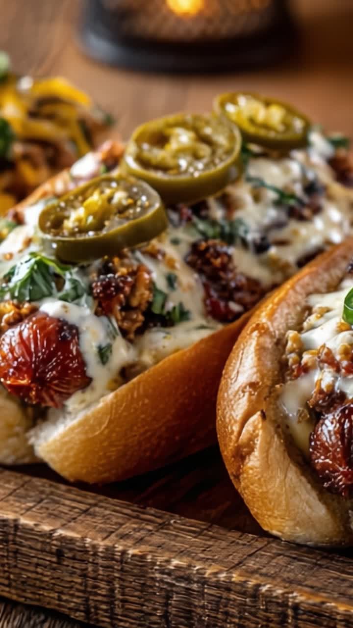 Deliciosos Cachorros-Quentes Gourmet Recheados com Queijo Derretido, Jalapeños Picantes e Ervas Frescas, Servidos em uma Bandeja de Madeira Rústica em uma Atmosfera Convidativa.
