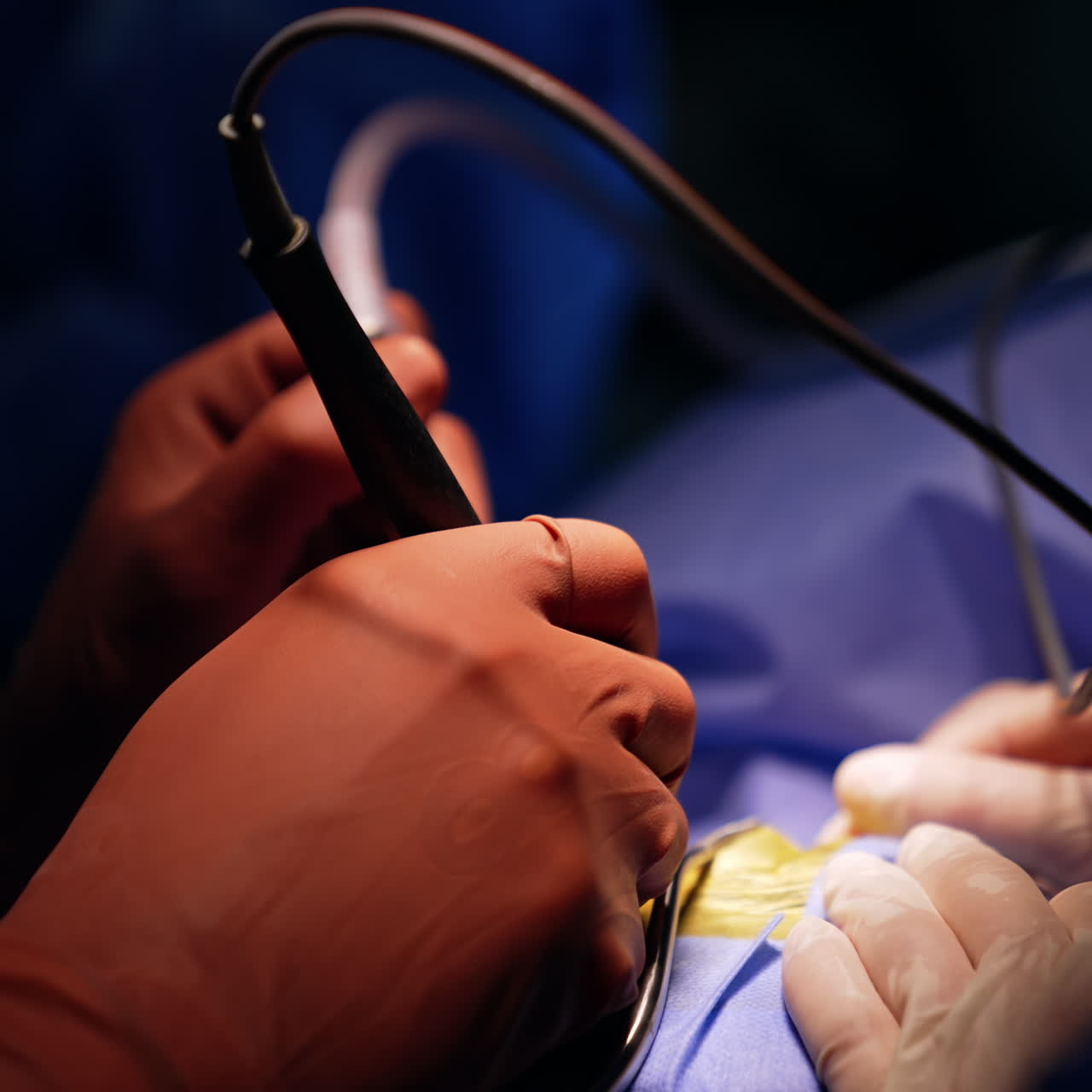 Surgeon's hands wearing brown latex gloves use medical device. The operational spot in lit with bright light. Close up.
