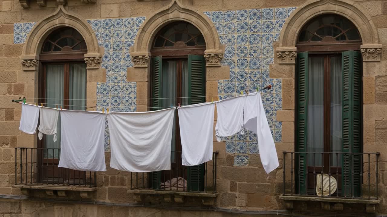A Traditional Balconied Facade with Freshly Laundered White Linen Hanging on a Clothesline Amidst Beautifully Tiled Walls and Elegant Green Shutters