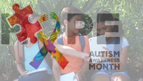 Animation-of-colourful-puzzle-pieces-and-autism-text-over-kids-friends-using-electronic-devices