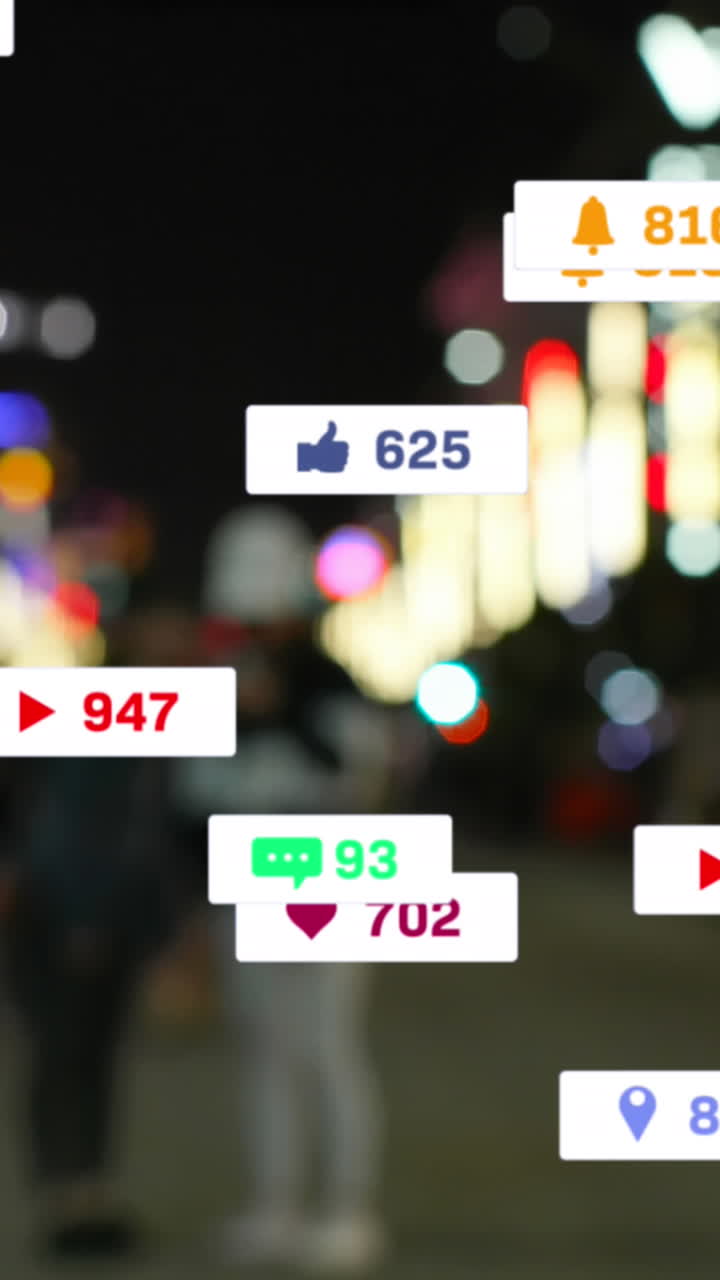 animación de iconos y números de redes sociales sobre luces de la ciudad fuera de foco