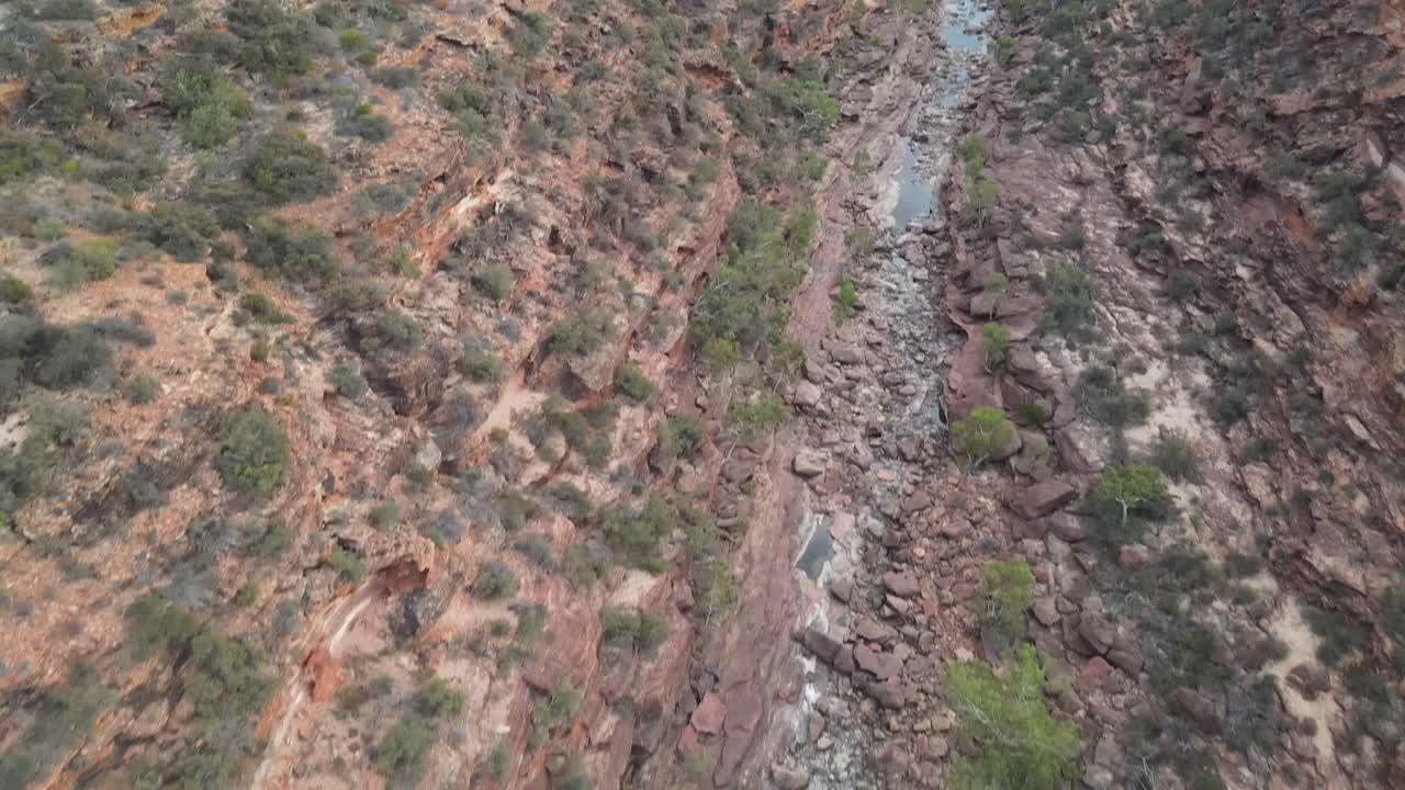 drone aérea panorámica sobre un desfiladero australiano y un parque nacional con un río que fluye en un día soleado