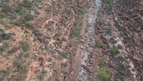 Drone-aerial-panning-up-over-an-Australian-gorge-and-national-park-with-a-river-flowing-on-a-sunny-day