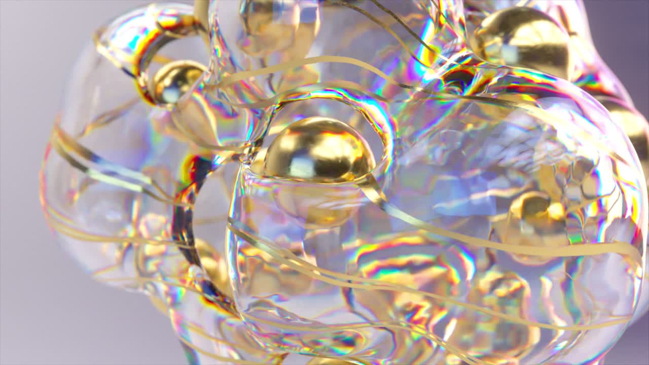 Render 3D astratto con sfere d'oro e forme iridescenti.