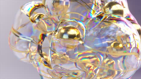 abstract 3d render with gold spheres and iridescent shapes