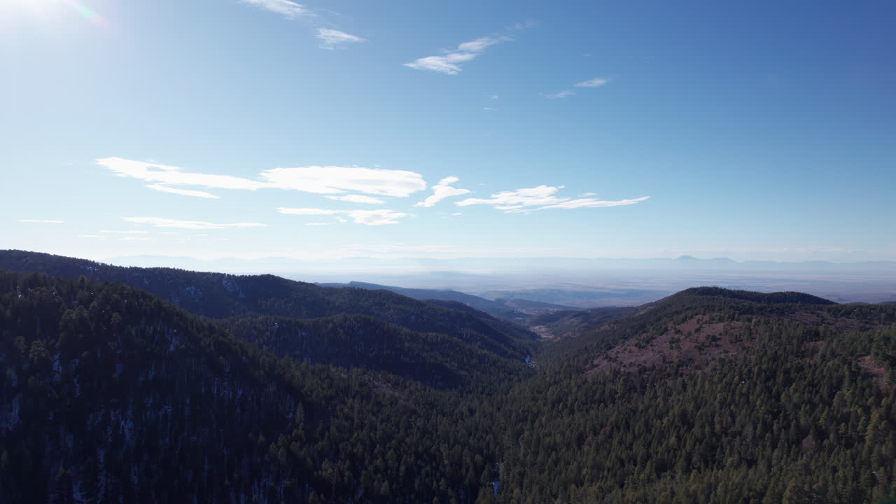 High angle aerial view of the mountains and valleys near Cloudcroft, New Mexico