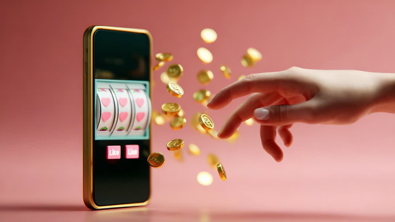 A Hand Reaches Toward a Smartphone Displaying a Slot Machine with Floating Coins, Representing Online Gaming and Digital Luck in a Vibrant Pink Background