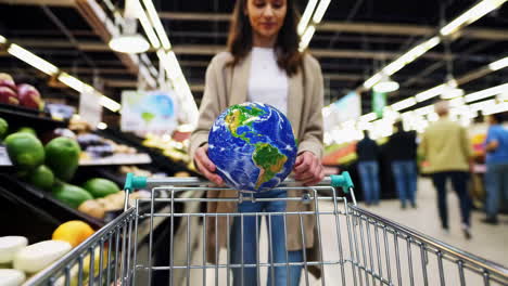 woman with globe in shopping cart in grocery store