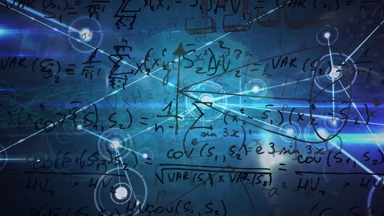 Animation of network of connections over mathematical equations and purple lines on black background
