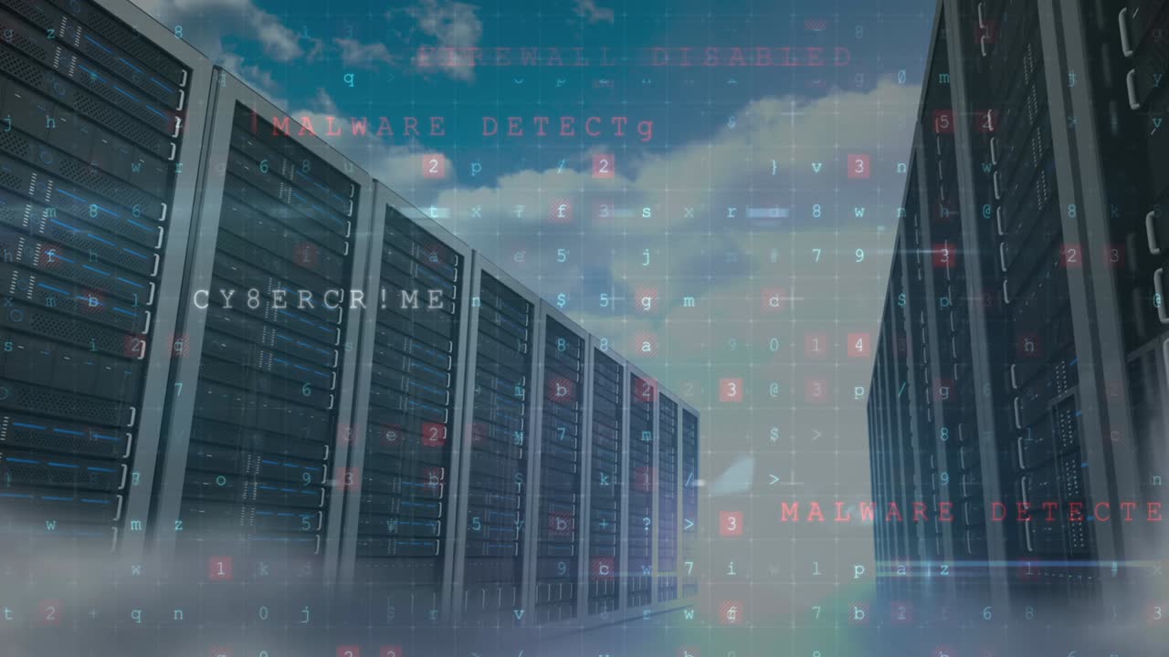 Animation of cyber attack warning over sky and server room