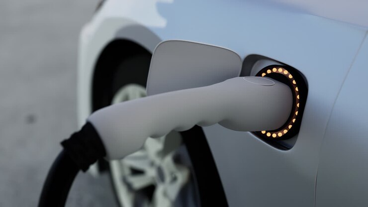 Realistic 3d rendering of Electric vehicle charging port plugging in car