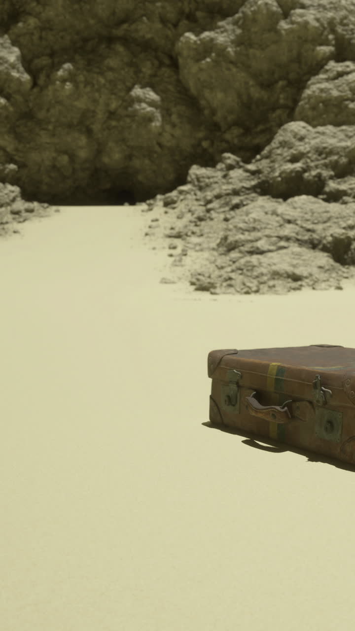 Misteriosa valigia vintage abbandonata sulla sabbia del deserto tra terreno roccioso