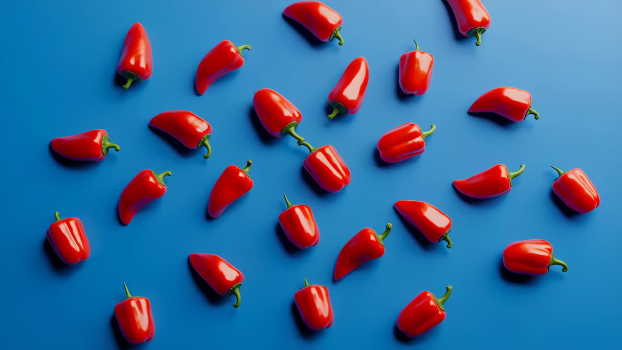 Red Chili Peppers Scattered on a Blue Background