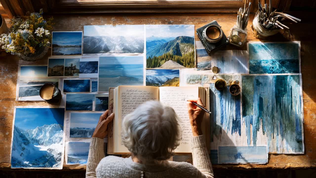A Serene Creative Space: An Elderly Individual Engages in Artistic Expression Surrounded by Pictures, Sketches, and a Notebook, Capturing the Essence of Nature's Beauty in Soft Light