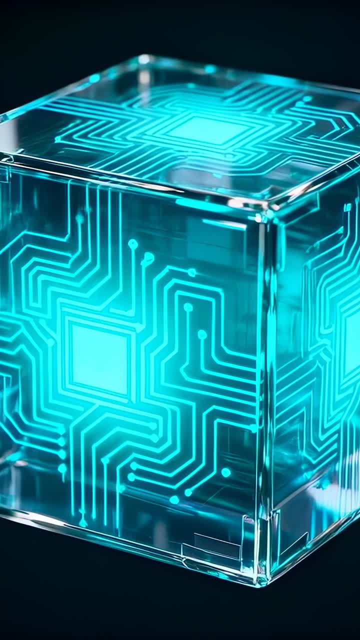 Vertical video: Camera push causing rotating glass cube showing cyan circuitry in studio for detail
