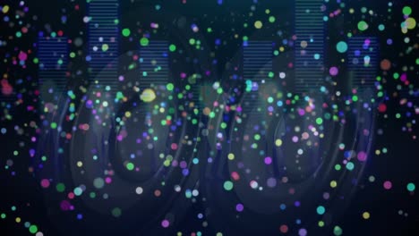 puntos de luz sobre la silueta de personas bailando contra el ecualizador de música y altavoces