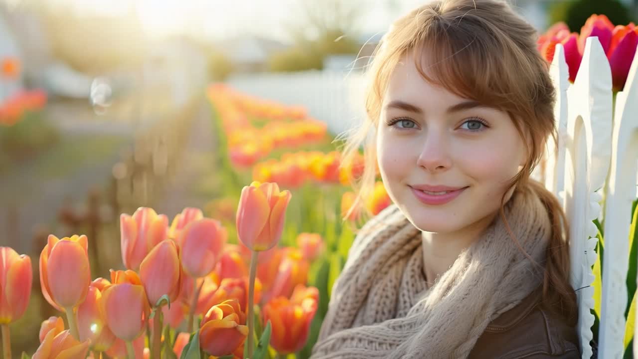 Smiling Young Woman in a Sunny Tulip Field