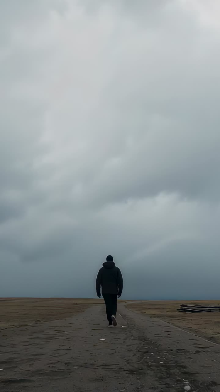 Video verticale: uomo che cammina con cappotto con cappuccio che si muove lungo una pianura verso l'orizzonte oltrepassando delle assi sotto un cielo grigio