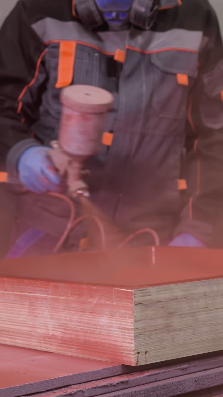 trabajador con equipo de protección pintando con spray una capa roja en tablas de madera en un taller