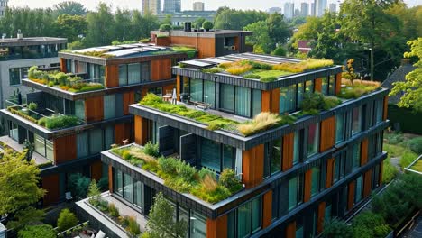 modern residential buildings with lush green roofs and terraced gardens