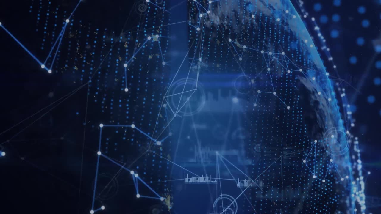 Animation of data processing and shapes on black background