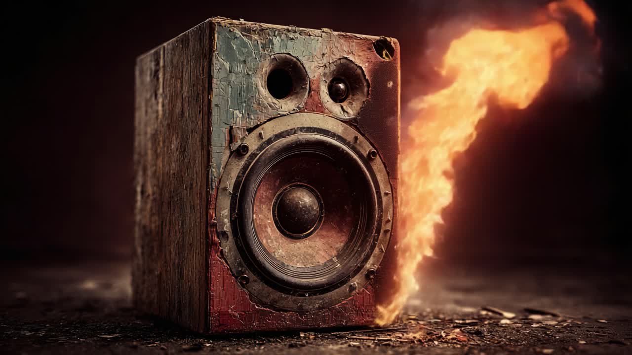 Una Trasformazione Ardente di un Vecchio Altoparlante: Una Rappresentazione Artistica di Suono, Decadenza e il Potere della Musica Attraverso le Immagini