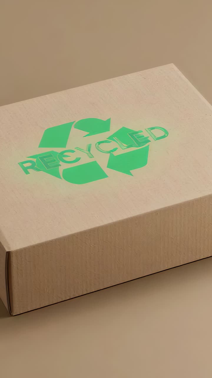 Vertical video: Panning camera revealing box lid rising on beige surface, showing RECYCLED logo