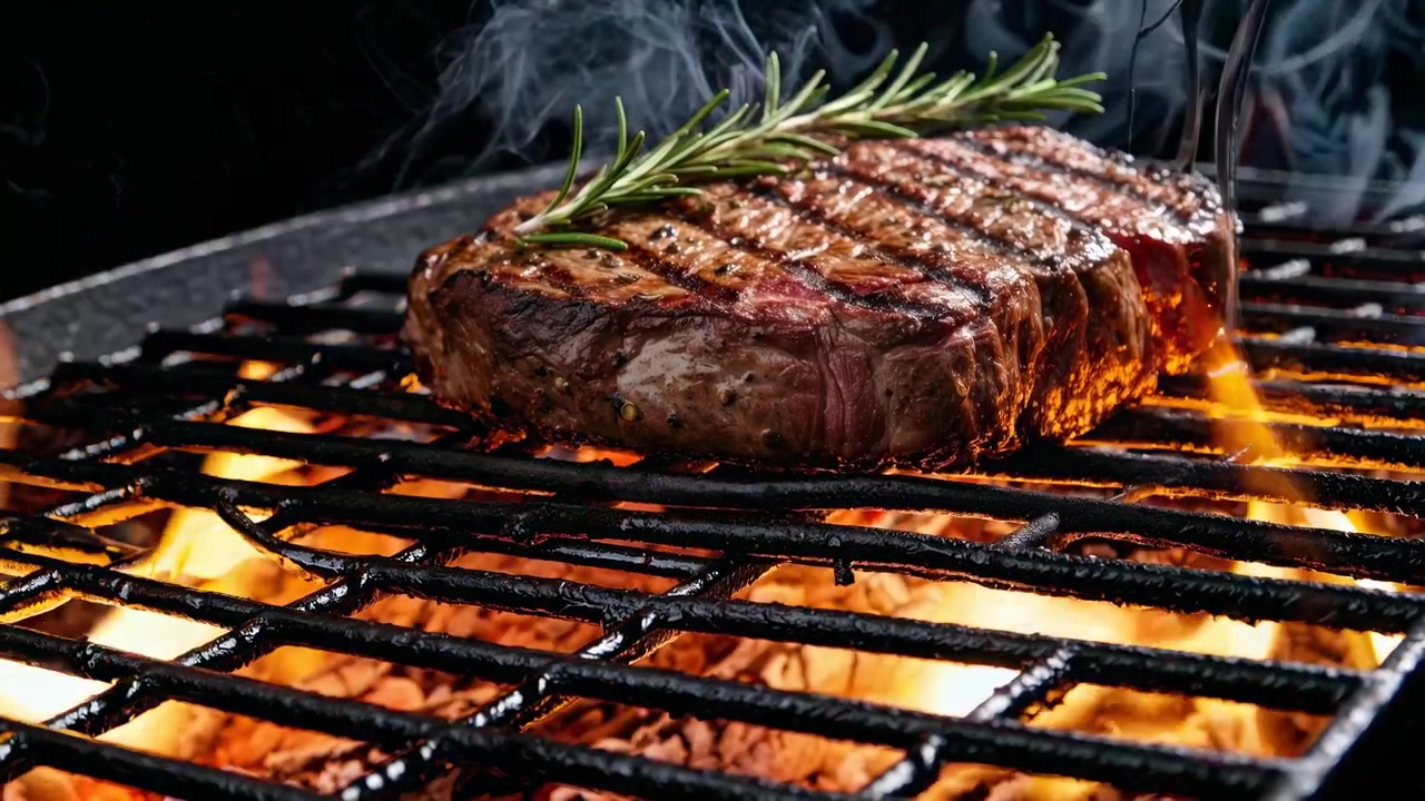 Deliziosa bistecca di manzo alla griglia su un barbecue rovente con rosmarino.