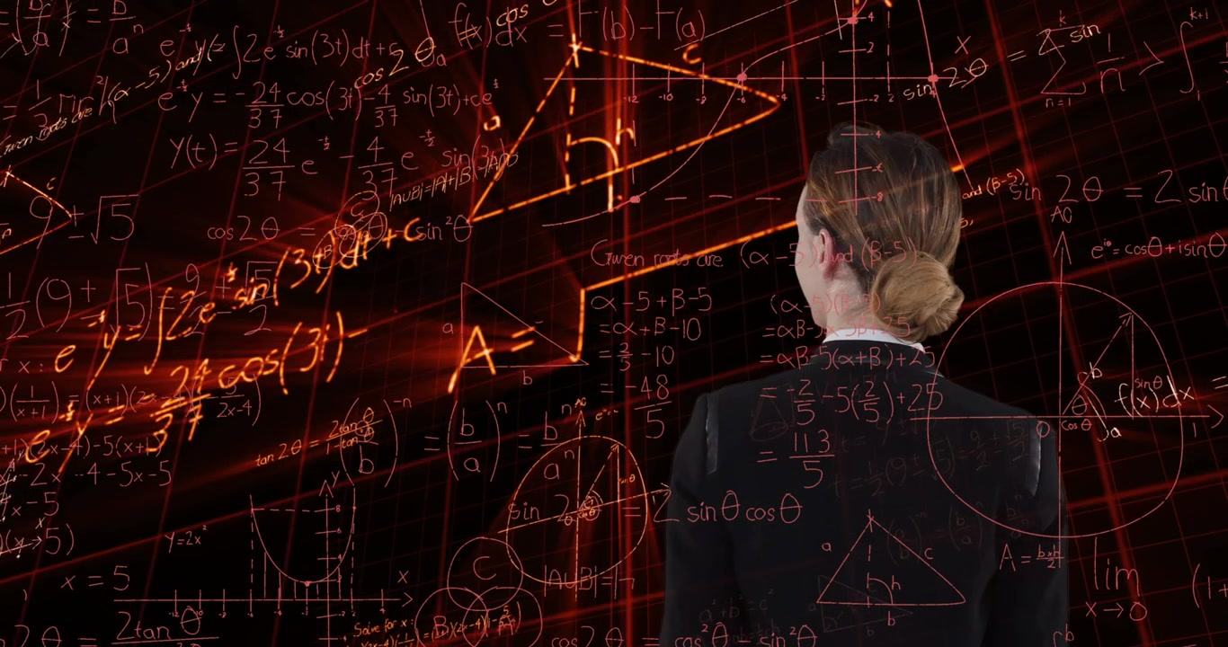 Businesswoman Interacting with Digital Mathematical Formulas on Holographic Screen