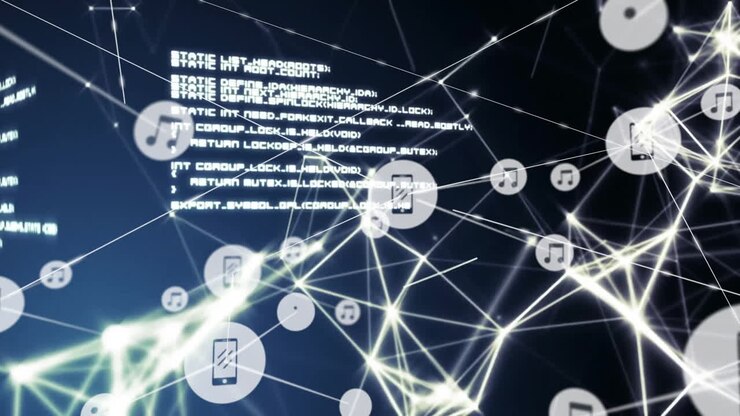Network of connections and data processing animation over digital icons and code