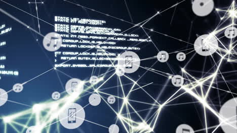 network of connections and data processing animation over digital icons and code