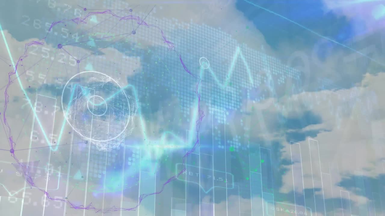 전 세계 연결 네트워크의 애니메이션과 하늘의 구름에 대한 데이터 처리