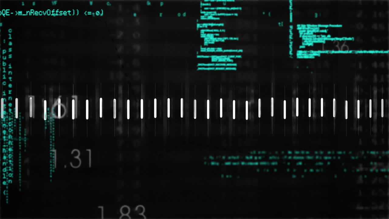 Digital code and data processing animation over black background with white bars