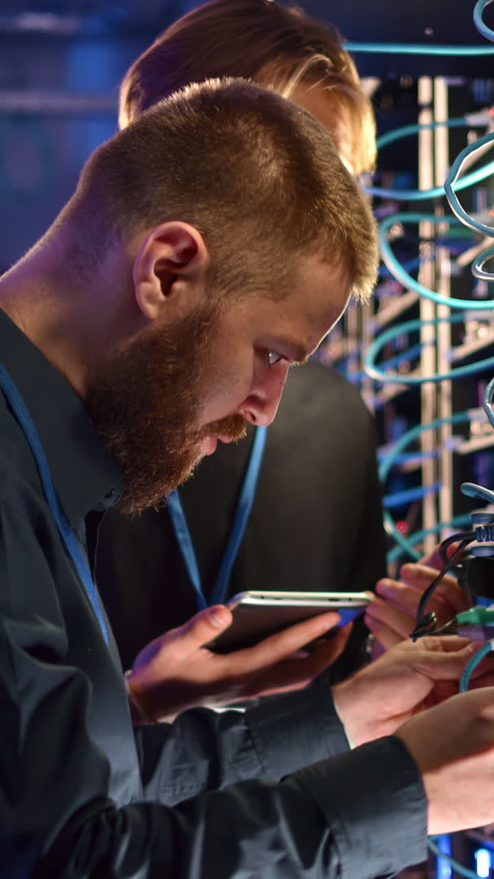 Two men analysing servers in a data centre. Vertical