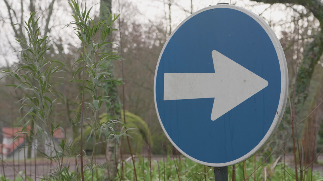 Close up of blue right arrow road sign on rural roadside in overcast daylight