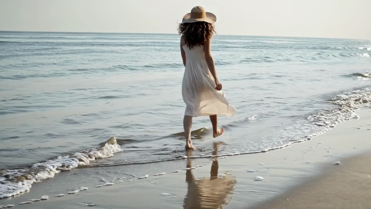 A serene video captures a woman in a white dress and hat walking along the beach